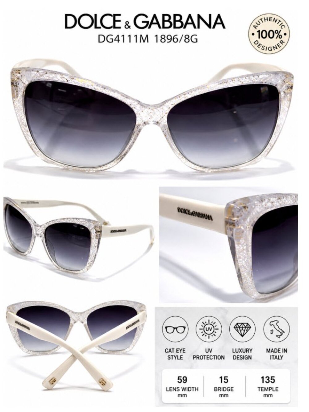 Dolce & Gabbana DG4111M White Snake Cat Eye Sunglasses Italy Authentic